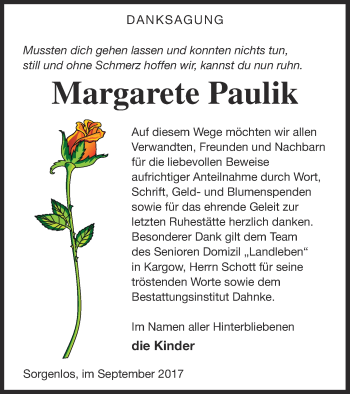 Traueranzeige von Margarete Paulik von Müritz-Zeitung
