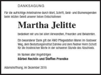 Traueranzeige von Martha Jelitte von Müritz-Zeitung