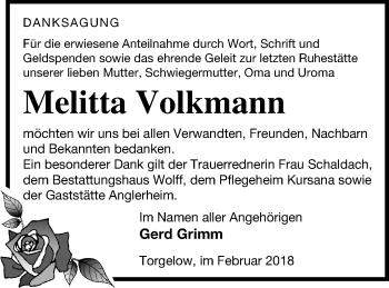 Traueranzeige von Melitta Volkmann von Haff-Zeitung