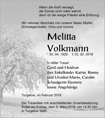 Traueranzeige von Melitta Volkmann von Haff-Zeitung