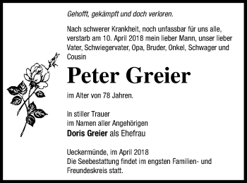 Traueranzeige von Peter Greier von Haff-Zeitung