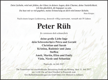 Traueranzeige von Peter Rüh von Pasewalker Zeitung