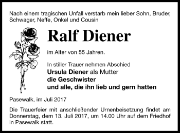 Traueranzeige von Ralf Diener von Pasewalker Zeitung