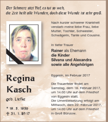 Traueranzeige von Regina Kasch von Haff-Zeitung