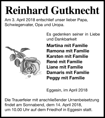 Traueranzeige von Reinhard Gutknecht von Haff-Zeitung