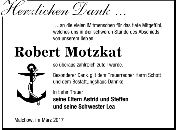 Traueranzeige von Robert Motzkat von Müritz-Zeitung