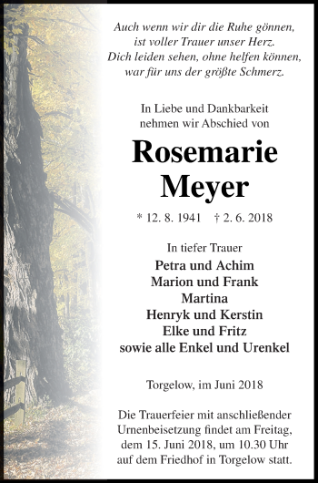 Traueranzeige von Rosemarie Meyer von Haff-Zeitung