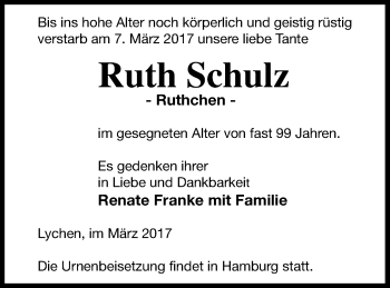 Traueranzeige von Ruth Schulz von Templiner Zeitung