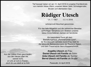 Traueranzeige von Rüdiger Utesch von Pasewalker Zeitung