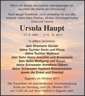 Traueranzeige von Ursula Haupt von Haff-Zeitung