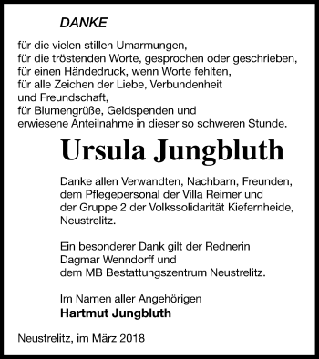 Traueranzeige von Ursula Jungbluth von Strelitzer Zeitung