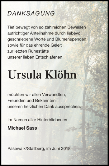 Traueranzeige von Ursula Klöhn von Pasewalker Zeitung