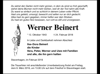 Traueranzeige von Werner Beinert von Mecklenburger Schweiz