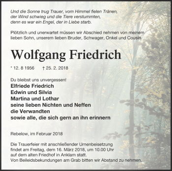 Traueranzeige von Wolfgang Friedrich von Vorpommern Kurier