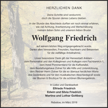 Traueranzeige von Wolfgang Friedrich von Vorpommern Kurier