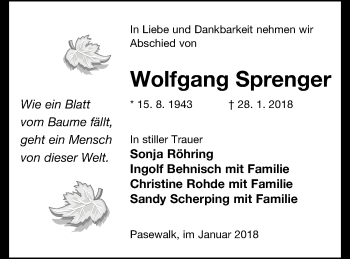 Traueranzeige von Wolfgang Sprenger von Pasewalker Zeitung