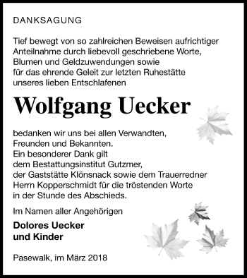 Traueranzeige von Wolfgang Uecker von Pasewalker Zeitung