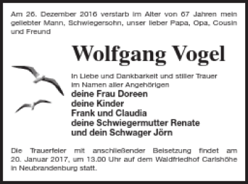 Traueranzeige von Wolfgang Vogel von Neubrandenburger Zeitung