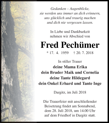 Traueranzeige von Fred Pechümer von Pasewalker Zeitung