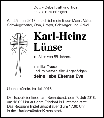 Traueranzeige von Karl-Heinz Lünse von Haff-Zeitung