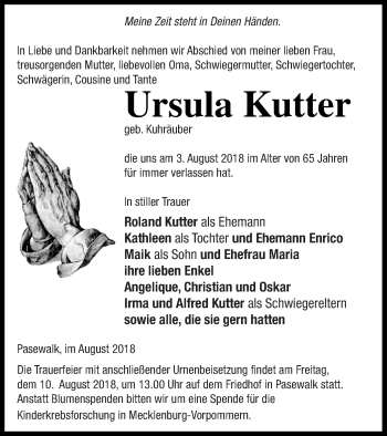 Traueranzeige von Ursula Kutter von Pasewalker Zeitung