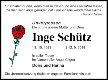 Traueranzeige von Inge Schütz von Pasewalker Zeitung