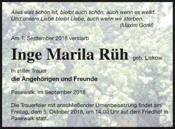 Traueranzeige von Inge Marila Rüh von Vorpommern Kurier