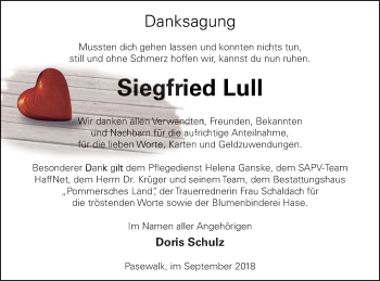 Traueranzeige von Siegfried Lull von Pasewalker Zeitung