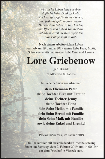 Traueranzeige von Lore Griebenow von Pasewalker Zeitung