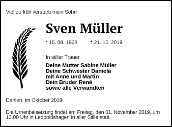 Traueranzeige von Sven Müller von Neubrandenburger Zeitung