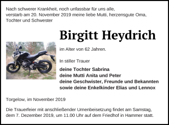 Traueranzeige von Birgitt Heydrich von Haff-Zeitung