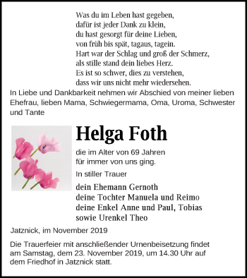 Traueranzeige von Helga Foth von Pasewalker Zeitung