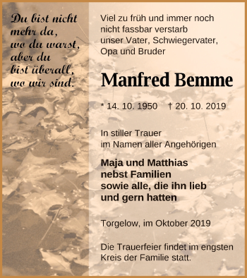 Traueranzeige von Manfred Bemme von Haff-Zeitung