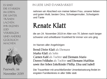 Traueranzeige von Renate Klatt von Pasewalker Zeitung