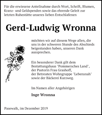 Traueranzeige von Gerd-Ludwig Wronna von Pasewalker Zeitung