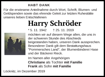 Traueranzeige von Harry Schröder von Pasewalker Zeitung