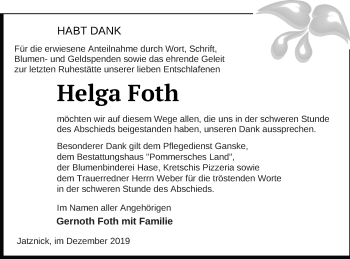 Traueranzeige von Helga Foth von Pasewalker Zeitung