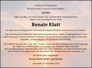 Traueranzeige von Renate Klatt von Pasewalker Zeitung