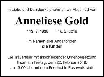 Traueranzeige von Anneliese Gold von Pasewalker Zeitung