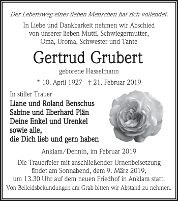 Traueranzeige von Gertrud Grubert von Vorpommern Kurier