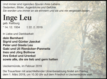 Traueranzeige von Inge Leu von Haff-Zeitung