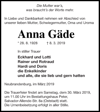Traueranzeige von Anna Gäde von Neubrandenburger Zeitung