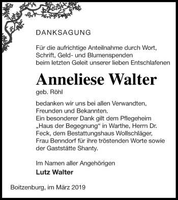 Traueranzeige von Anneliese Walter von Templiner Zeitung