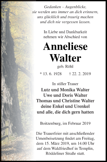 Traueranzeige von Anneliese Walter von Templiner Zeitung