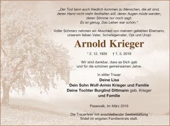 Traueranzeige von Arnold Kriege von Pasewalker Zeitung