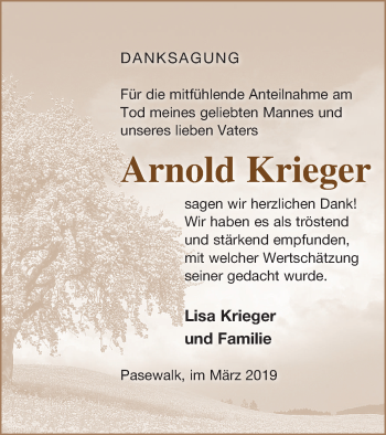 Traueranzeige von Arnold Krieger von Pasewalker Zeitung