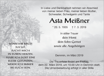 Traueranzeige von Asta Meißner von Demminer Zeitung