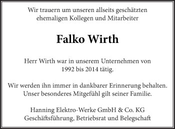Traueranzeige von Falko Wirth von Haff-Zeitung