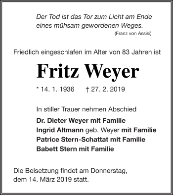 Traueranzeige von Fritz Weyer von Demminer Zeitung