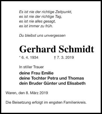 Traueranzeige von Gerhard Schmidt von Müritz-Zeitung